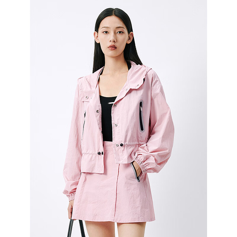 太平鸟粉色防晒服运动套装女2024夏装设计感撞色户外夹克外套 粉色外套(第一批) M
