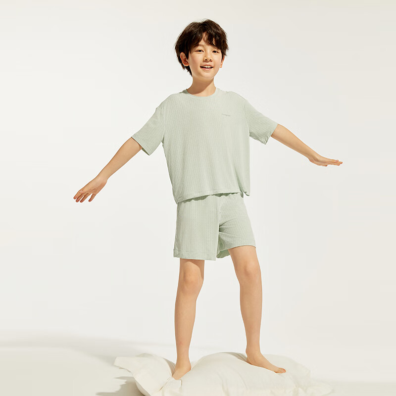 moodytiger男童家居服贴身透气24夏季薄款素色短袖短裤套装 海沫绿 110cm