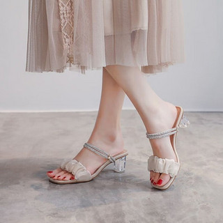 瓦米诺两穿透明凉拖鞋女2024年新款夏季一字带粗跟仙女风外穿高跟凉鞋子 6.5厘米跟高 35