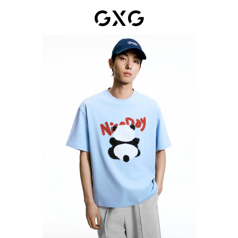 GXG男装    双色熊猫趣味印花休闲圆领短袖T恤男生上衣 24夏 蓝色 165/S