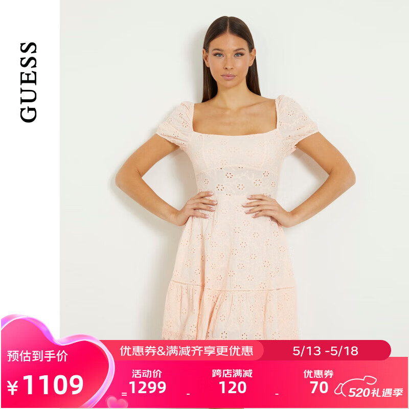 GUESS24年新款夏季女士泡泡袖镂空纯色甜美连衣裙-W4GK50WG590 F6BO-