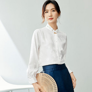 Fan Qin 凡琴 国风新中式衬衫女春季猫眼盘扣立领花草刺绣宽松衬衣 白色 XL