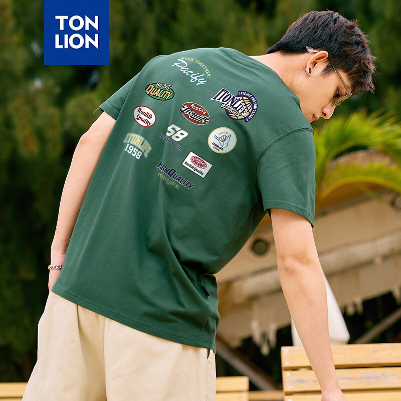 唐狮夏季男后背贴标图案印花短袖T恤 暗绿 M