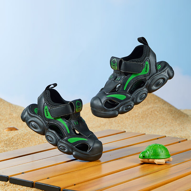 B.Duck小黄鸭童鞋男童凉鞋夏季轻便舒适儿童包头运动沙滩凉鞋5016黑绿28