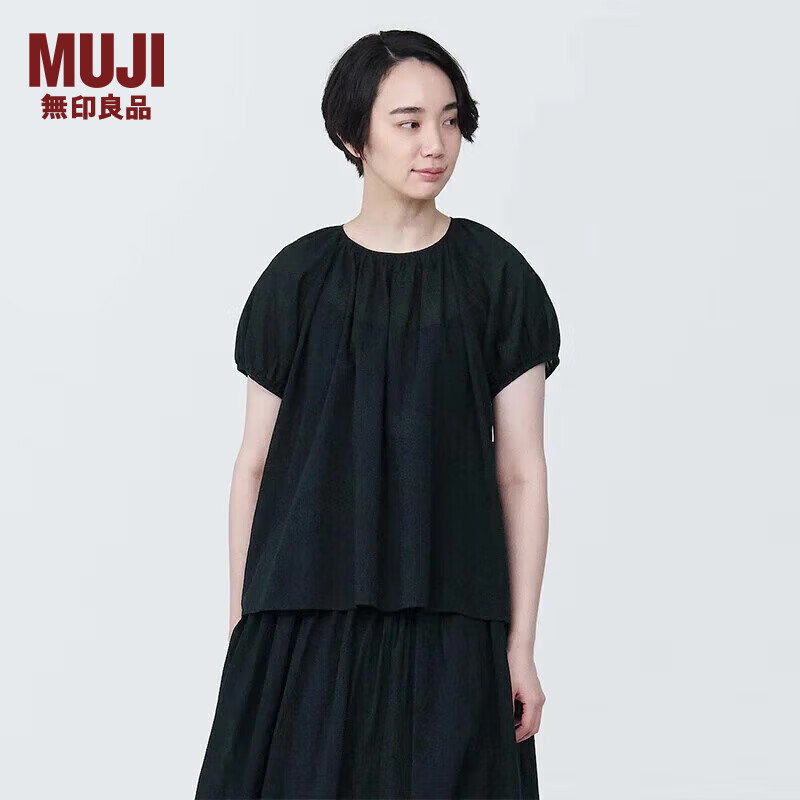 无印良品（MUJI）  女式 强捻 短袖罩衫 女士衬衫衬衣内搭夏季款纯棉全棉 BC2J8C4S 黑色 S 155/80A