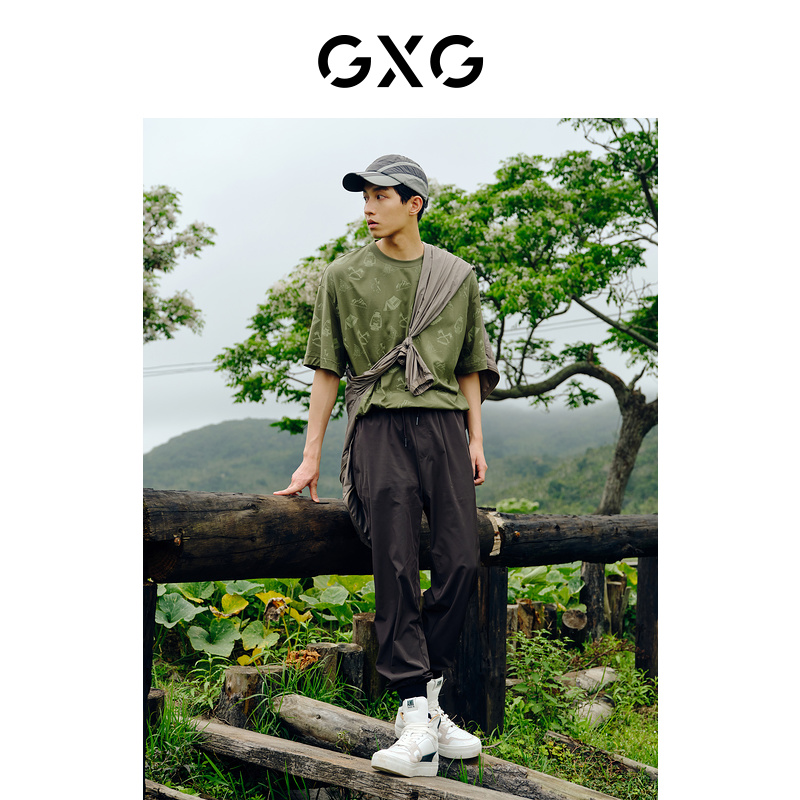 GXG奥莱 22年男装 户外系列潮流满印圆领短袖T恤夏季