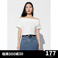 太平鸟一字肩针织T恤女短袖2024夏收腰修身显瘦纯色简约上衣 白色(第一批) S