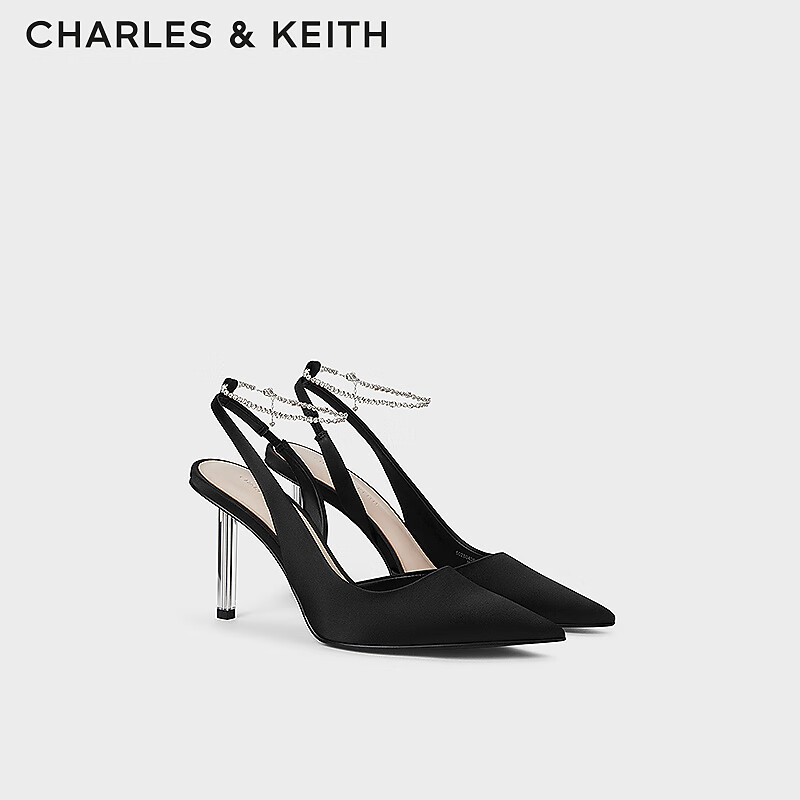 CHARLES&KEITH24夏亮钻链条腕带尖头高跟凉鞋女CK1-60280436 BLACK TEXTURED黑色纹理 38