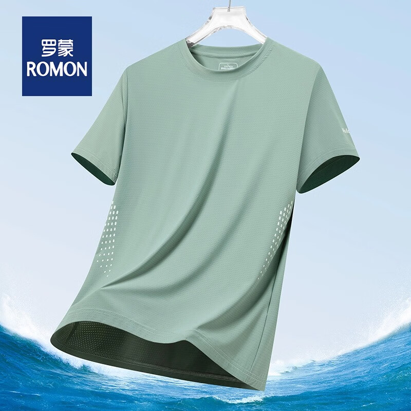 罗蒙(ROMON)夏季薄款男士圆领短袖t恤速干吸汗时尚休闲运动轻薄衣 豆绿 M（90~105斤）