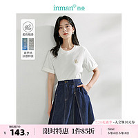 茵曼（INMAN）新中式凉感索罗纳T恤2024夏季女装绣花短袖宽松百搭上衣 珍珠白 XL