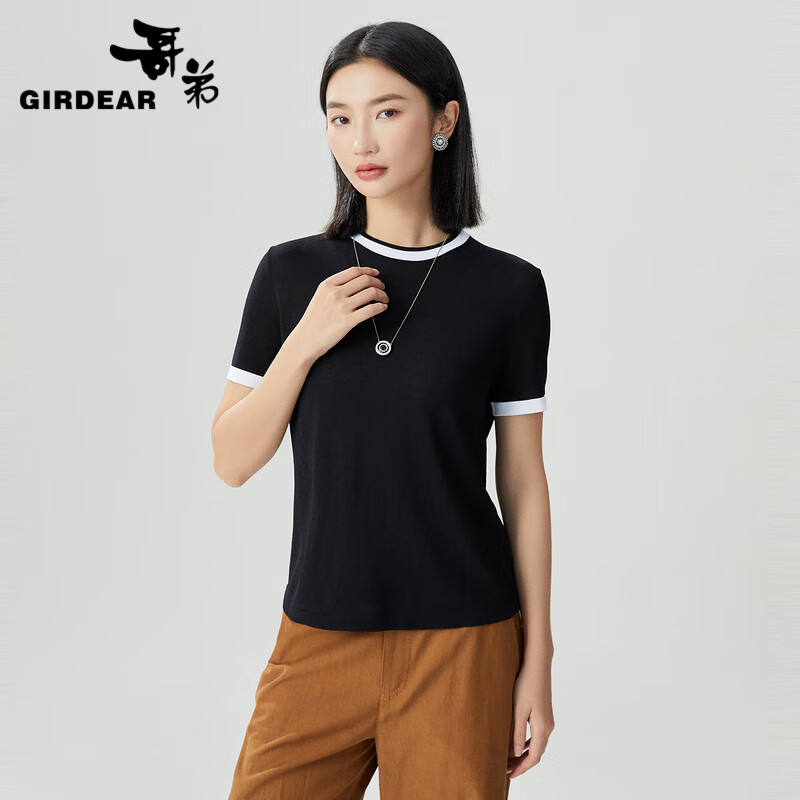 哥弟【GD】同心协力系列黑白拼色冰丝短袖针织T恤衫女1399733 黑色 M (3码)