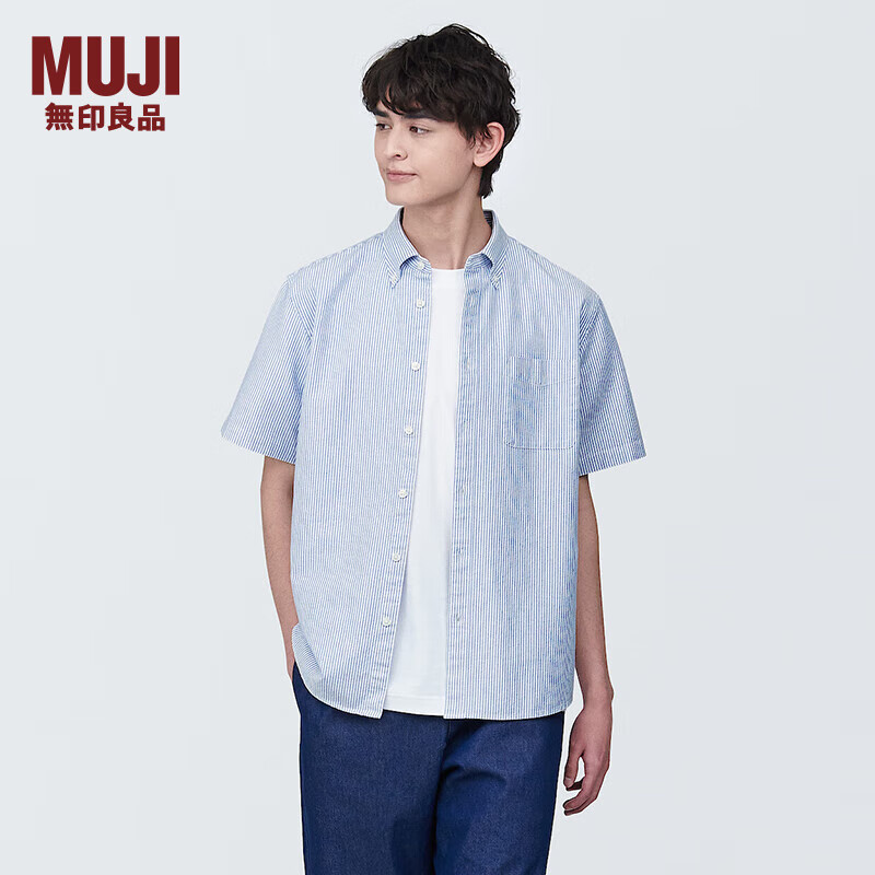 无印良品（MUJI） 男式 棉水洗牛津 纽扣领短袖衬衫 男士衬衣外套ACC60C4S 蓝色条纹 S (165/84A)