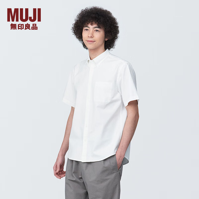 无印良品（MUJI） 男式 棉水洗牛津 纽扣领短袖衬衫 男士衬衣外套ACC60C4S 白色 XL (180/104A)