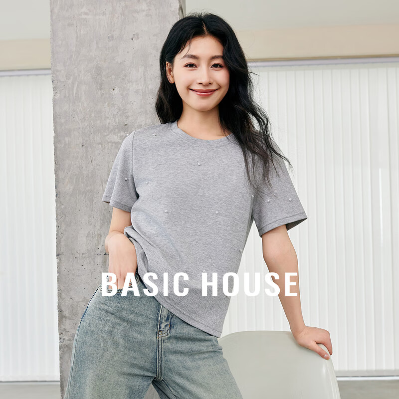 百家好（Basic House）珍珠纯色T恤2024夏季时尚休闲圆领短袖上衣女B0624H5X612 灰色 S