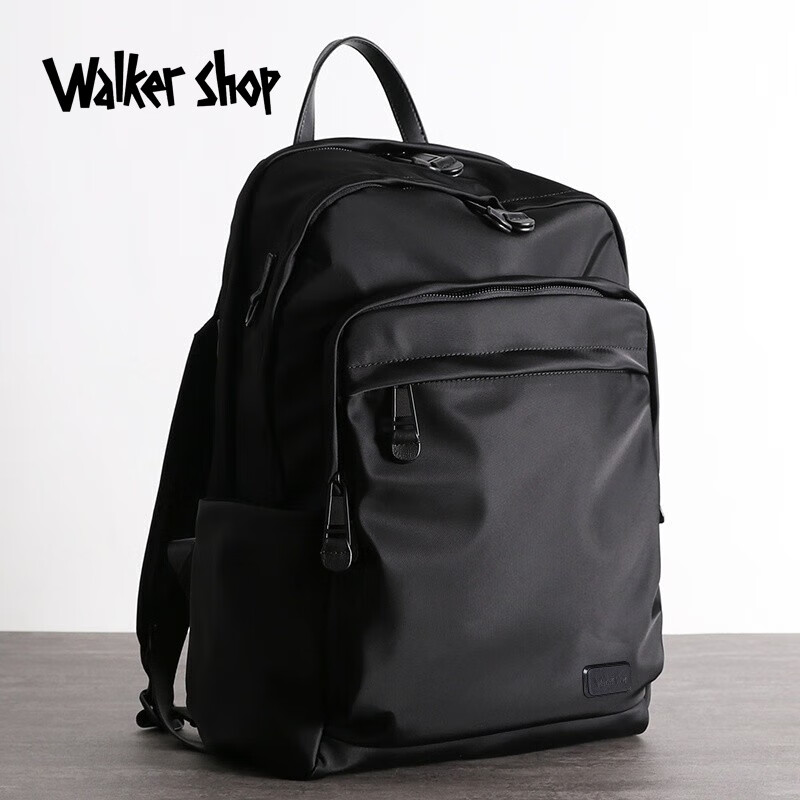 Walker Shop双肩包时尚简约【防水尼龙】男女商务出差旅行大容量电脑背包 黑色