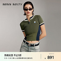 MISS SIXTY2024夏季针织衫女圆领短袖撞色条纹美式复古休闲风 军绿 L
