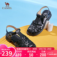 CAMEL 駱駝 羅馬鞋女文藝風牛皮編織丁字搭扣粗跟涼鞋 L24M153671 黑色 40
