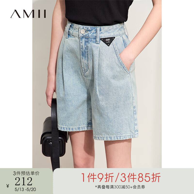 AMII2024夏丹宁风做旧洗水A字型牛仔裤短裤女宽松休闲裤子12422137 浅牛仔蓝 155/64A/S