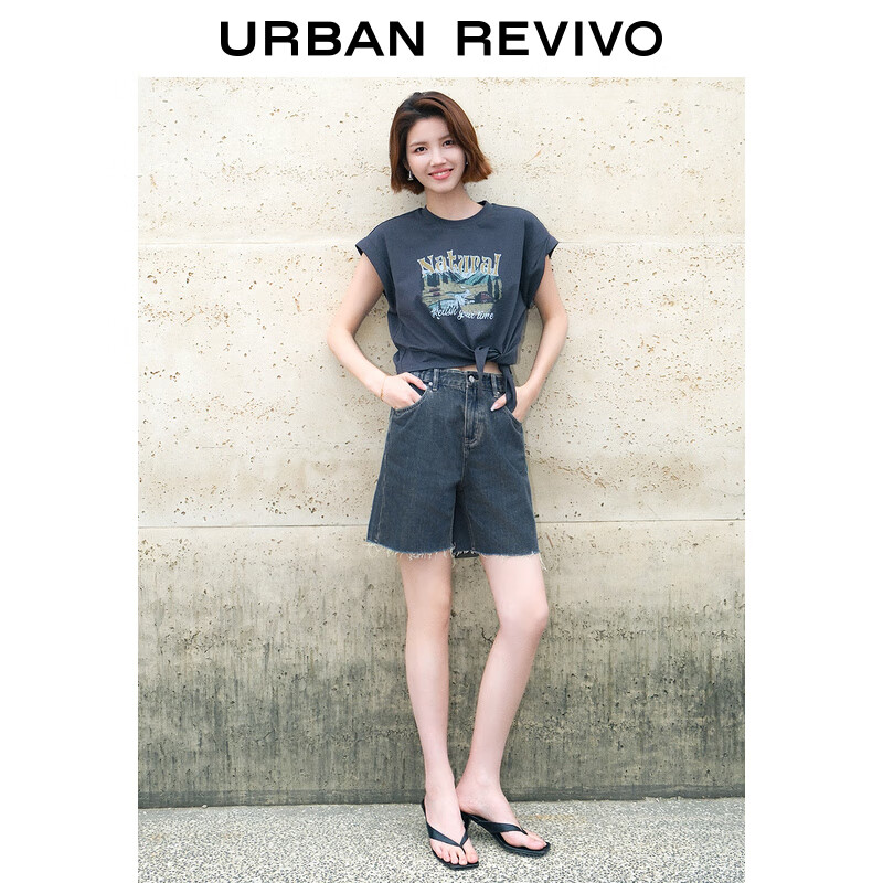 UR2024夏季新款女装时髦复古水洗棉质休闲牛仔短裤UWG840176