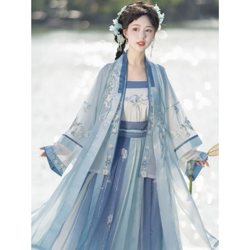 飚阁汉服成人女中国风中式女装套装古装【朝露】宋制夏季 外衣2+吊带+裙子 蓝色 均码