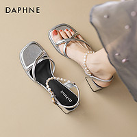DAPHNE 達芙妮 銀色涼鞋女夏季2024新款法式絕美仙女配裙子氣質高跟鞋粗跟
