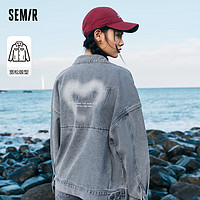 Semir 森馬 牛仔外套女字母愛心復古風做舊街頭2023春季新款寬松夾克潮酷