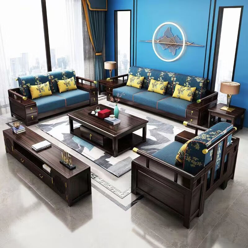 墨夕新中式橡胶实木沙发组合客厅家用三四人位中国风大小户型贵妃沙发 四人位贵妃