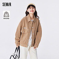 Semir 森馬 牛仔外套女撞色翻領印花夾克小眾休閑秋潮流個性寬松衣服炸街