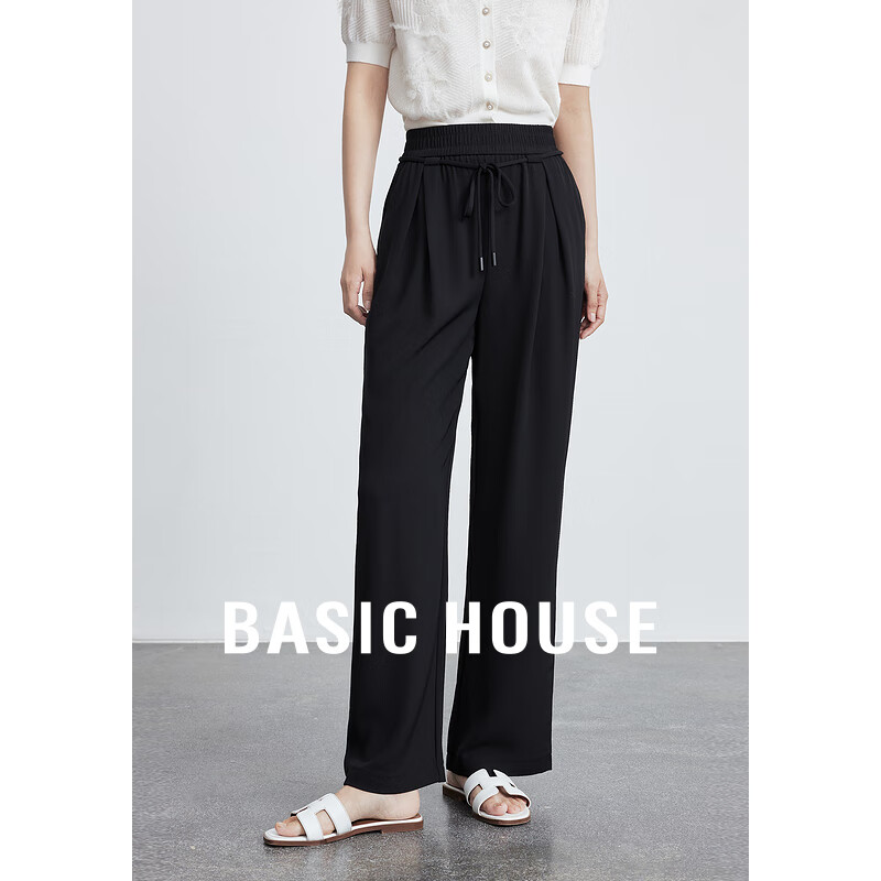 百家好（Basic House）夏季薄款垂感直筒显瘦高腰休闲裤-B0624H5M672 曜石黑 XL