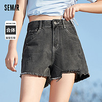 Semir 森馬 牛仔褲女磨破毛邊短褲美式復古夏季新款個性潮流夏裝流行時尚