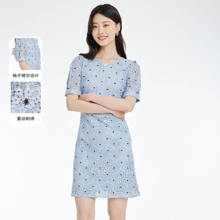夏季气质优雅高级感蕾丝刺绣短袖连衣裙
