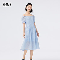 Semir 森馬 連衣裙女吊帶泡泡袖溫柔2023夏新款一字肩重工肌理初戀裙法式