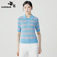 哥弟【GD】3D无缝一线成衣 条纹拼色Polo短袖针织T恤衫女1399718 蓝色 L (4码)