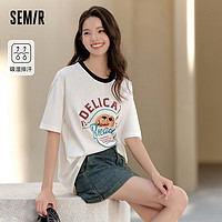 森马（Semir）短袖T恤女中长款复古印花小众2024夏季吸湿排汗宽松上衣 本白10101 175/96A/XXL