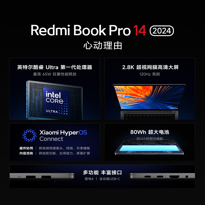 Xiaomi 小米 Redmi Book Pro 14/16可选 2024英特尔酷睿Ultra5ultra7学习办公轻薄本笔记本电脑店
