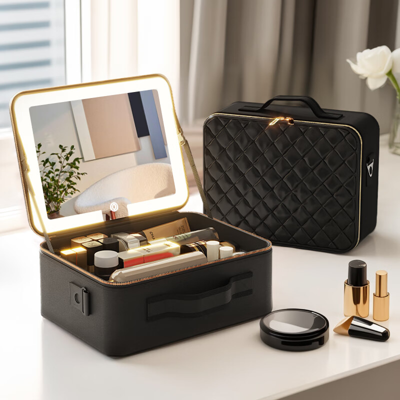 OBOX带镜子带灯美拉德风旅行化妆包美妆用品分类收纳包可套行李箱拉杆 星耀黑