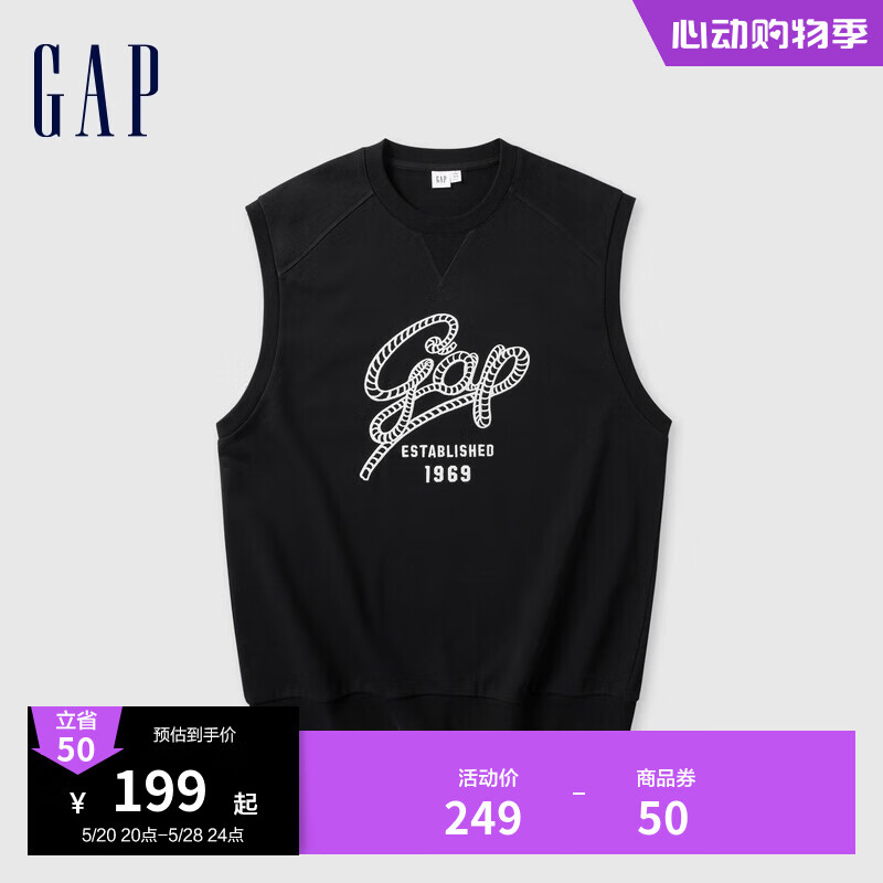 Gap男女装2024夏季法式圈织柔软字母logo无袖卫衣上衣465632 黑色 185/104A(XXL) 亚洲尺码