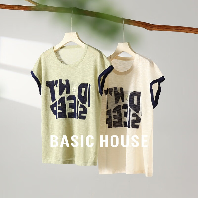 Basic House/百家好T恤女时尚休闲夏季印花无袖-B0624H5S362 粉绿 M110-120斤