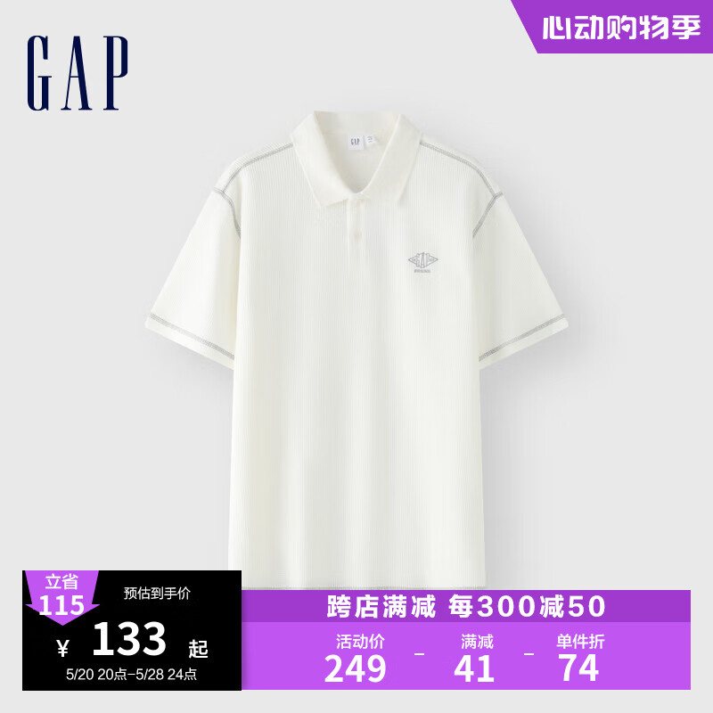 Gap男装2024夏季华夫格肌理明线短袖polo领简约上衣463260 白色 175/96A(L) 亚洲尺码