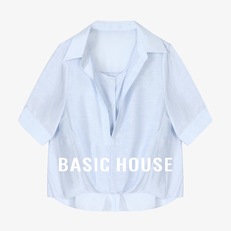 Basic House/X百家好夏季气质小众翻领女短款衬衫-B0624B5U382 蓝色 M110-120斤