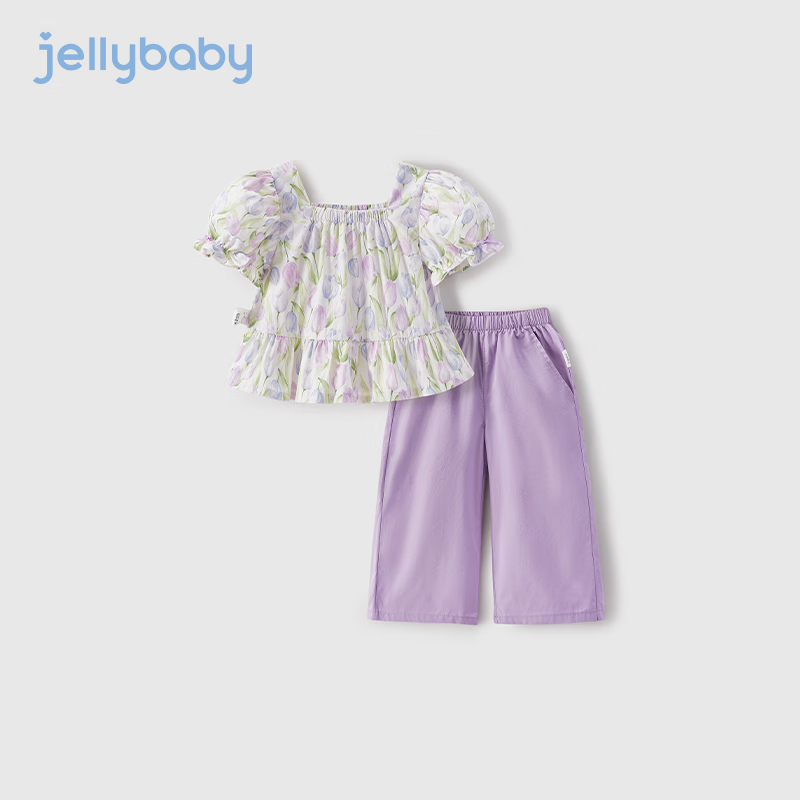 JELLYBABY女童套装夏天儿童纯棉两件套甜美碎花泡泡袖小清新女宝宝夏季衣服 紫色 110CM