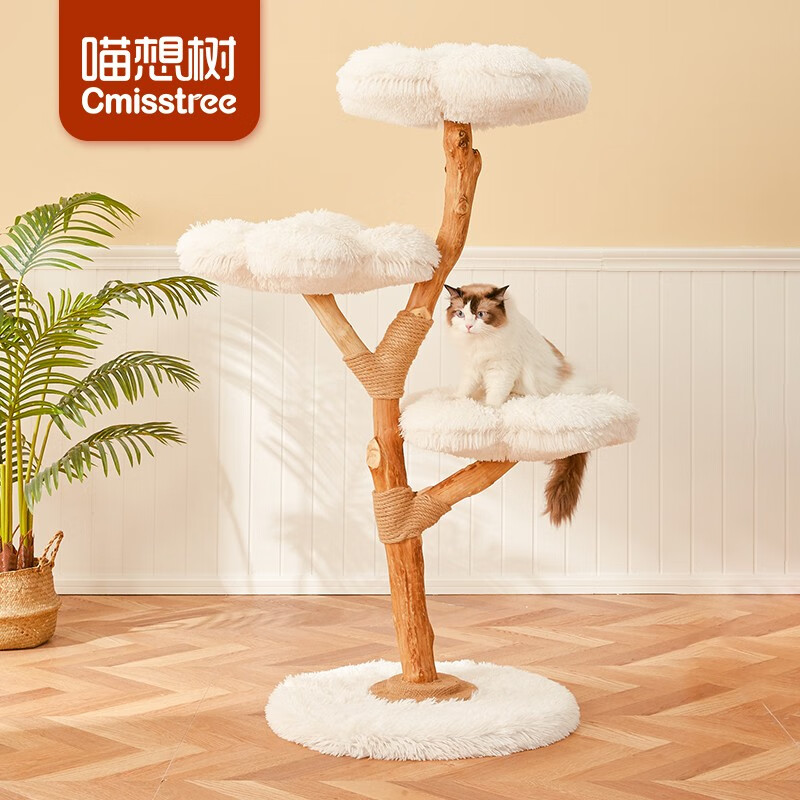 喵想树云朵猫爬架大型猫树跳台一体豪华实木猫架子猫窝不占地猫舍 云朵花实木猫爬架-三层-白
