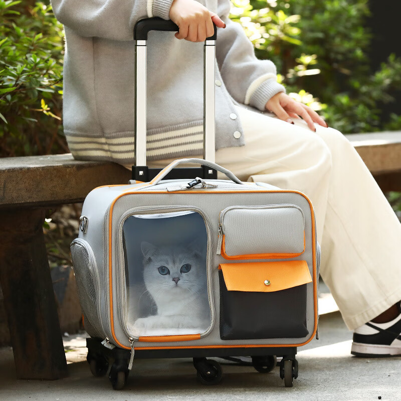 MamyPets外出便携宠物拉杆箱行李箱猫包航空箱小型犬防应激猫咪双肩背包 灰色收音机拉杆包【一包四用】