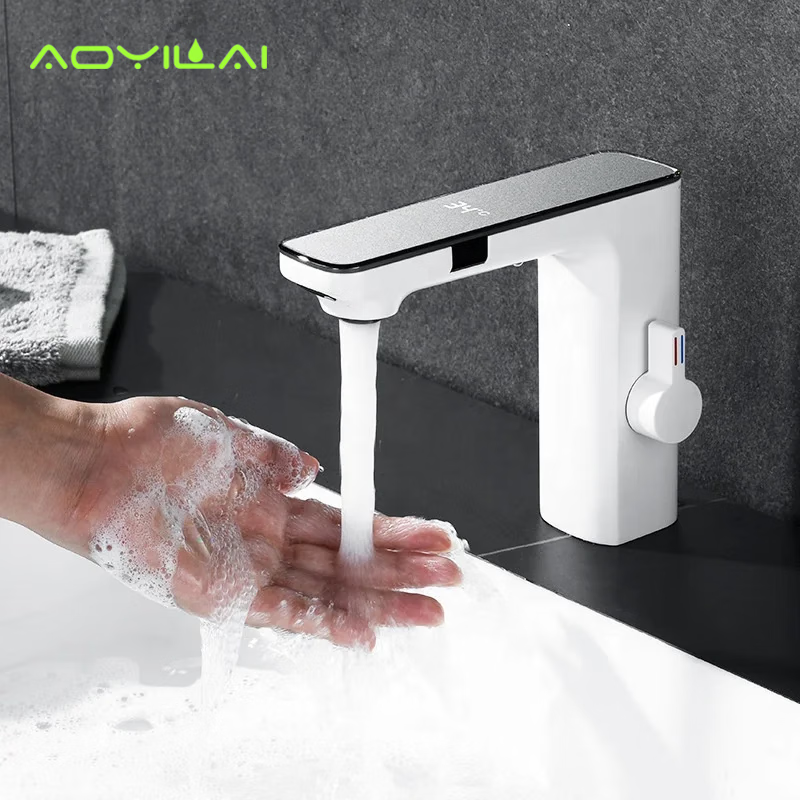 AOYILAI洗手池感应水龙头智能数显冷热多功能卫生间家用全铜洗脸台下面盆 白色