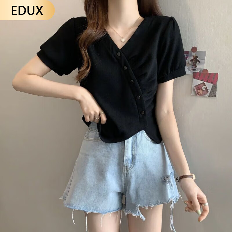 EDUX不规则正肩泡泡短袖v领t恤女开叉设计感小众高腰夏季别致短款上衣 黑色 XL_120-135斤