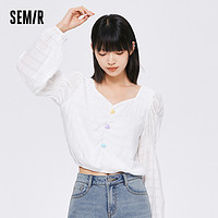 Semir 森馬 女長袖襯衫短款白色肌理泡泡袖小個子愛心甜美10-7522105883