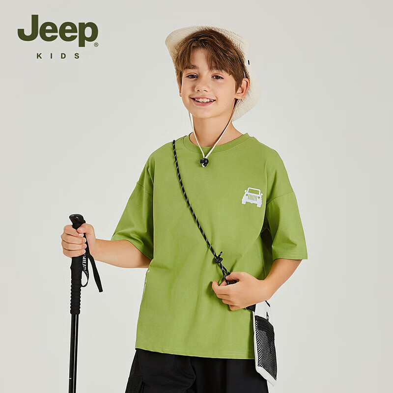 Jeep吉普童装儿童短袖2024夏季男童女童短袖T恤短款时尚帅气上衣 橄榄绿 130cm 【身高125-135】