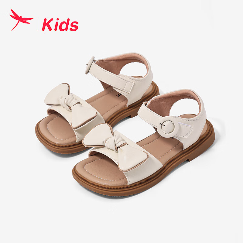 红蜻蜓 RED DRAGONFLY儿童24夏季新款童鞋女童时尚百搭蝴蝶结中大童凉鞋 米色 28码