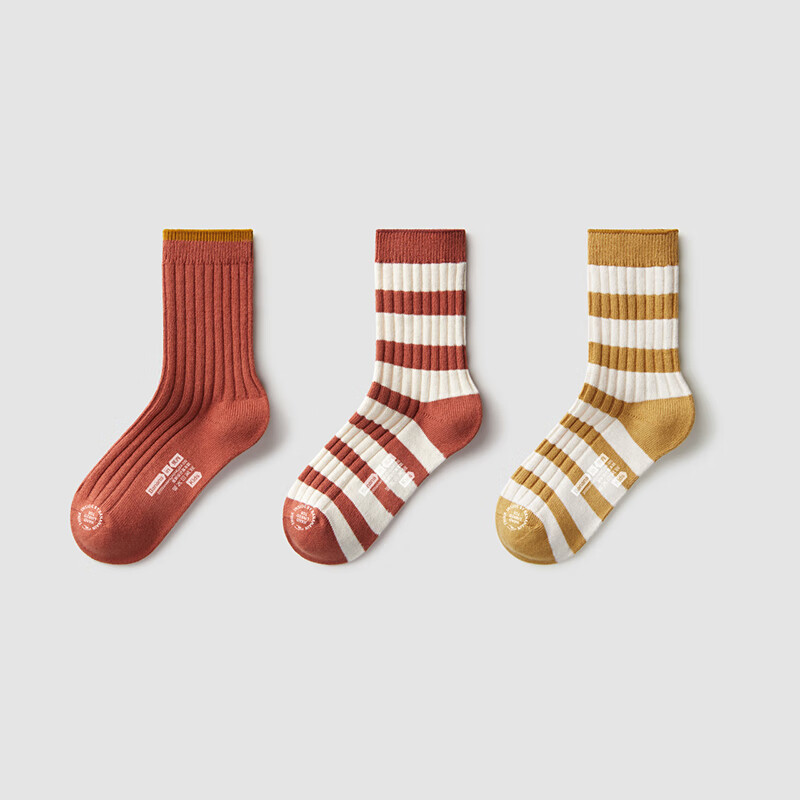 蕉内3系儿童袜子精梳棉柔软透气抗菌男女童罗纹中筒袜四季可穿3双装 棕红+棕红条纹+土黄条纹 28-32码