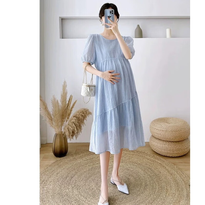乌拓今年流行装夏季裙子夏装连衣裙2024时尚洋气时髦短袖 蓝色连衣裙 M